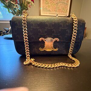 Authentic Like NEW Celine Triomphe Chain Shoulder Bag Triomphe Coated Canvas